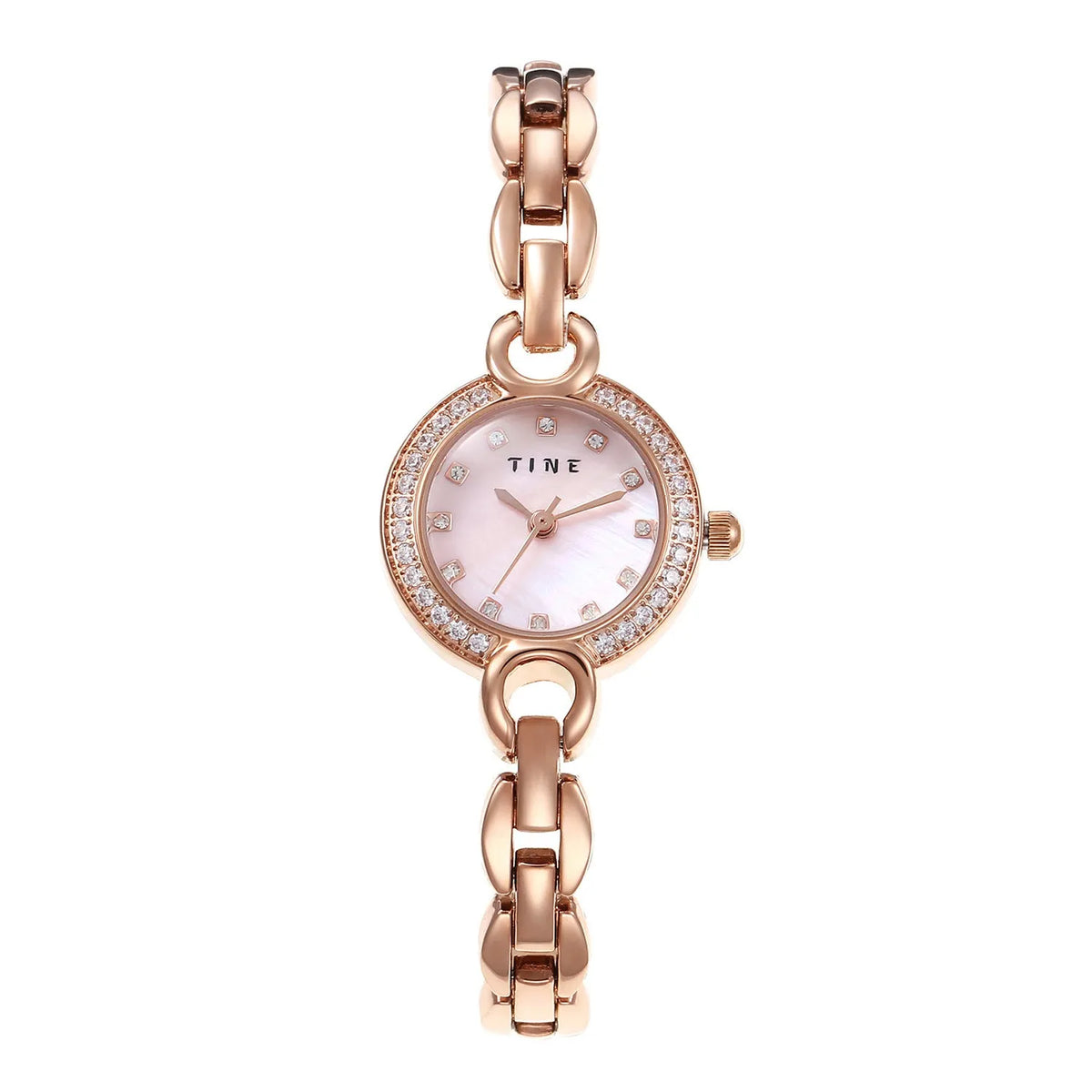 Women's fashion bracelet watch with alloy band, stainless steel buckle, 23mm case, and round or square dial.