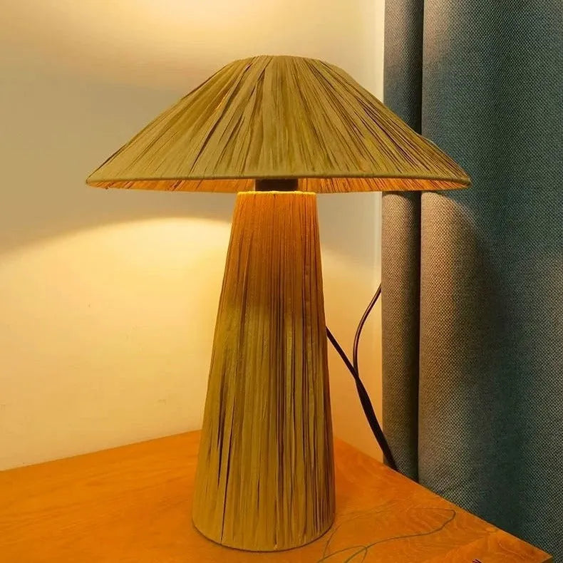 Japanese-style bamboo hat woven table lamp with 38cm diameter rope shade, warm light or tri-colour dimming options.