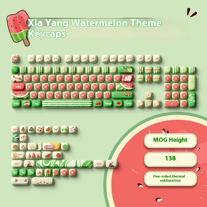 Watermelon theme PBT key cap set for mechanical keyboards, showing Xia Yang colour design on small steamed bun profile caps.