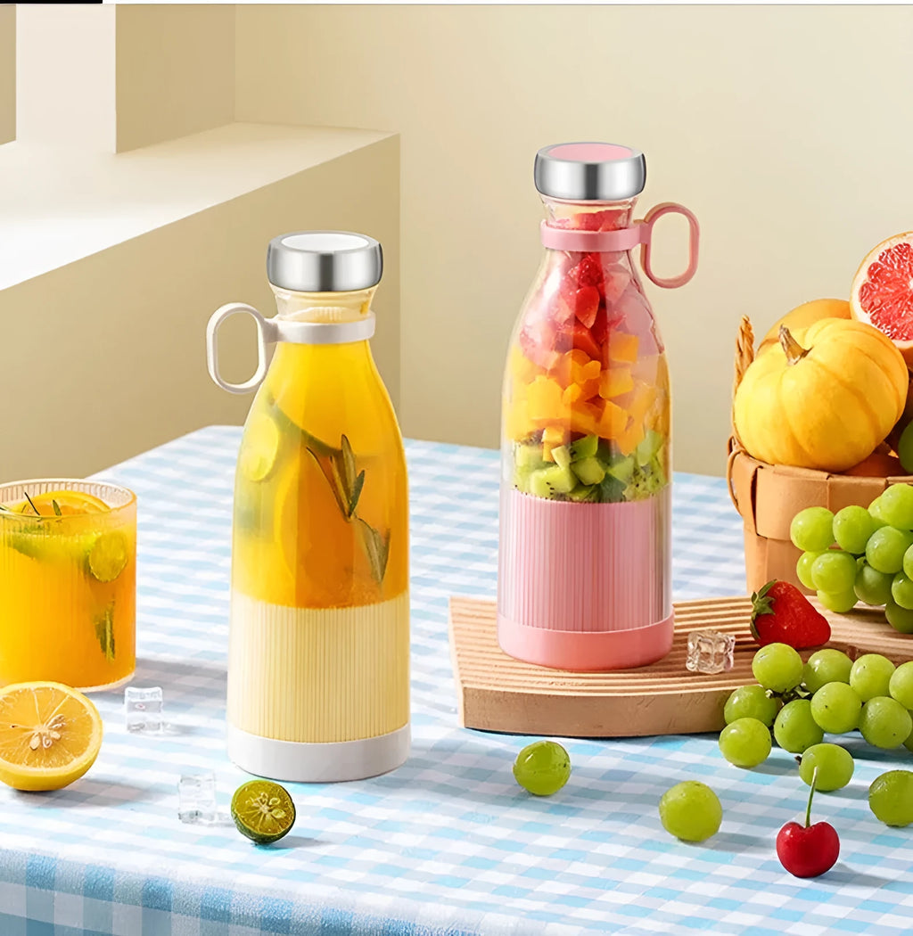 Portable USB charging juice cup in Aquarius Juicer Pink with four cutter heads and PC edible grade plastic inner liner