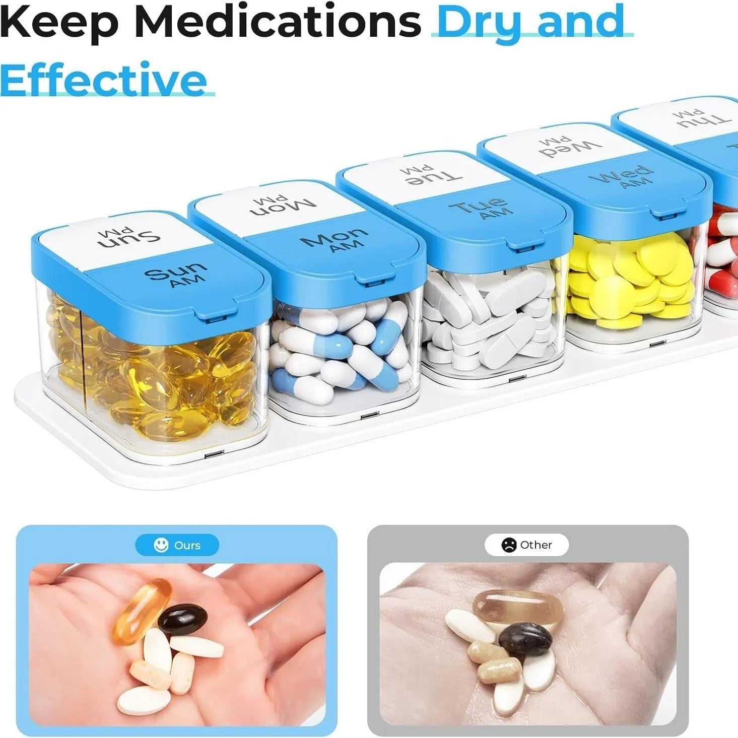 Extra-large white and rainbow coloured plastic pill organiser with 14 removable compartments.