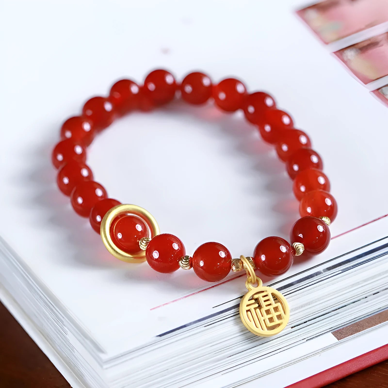 Natural red agate bracelet with woven beads and blessing card in national style