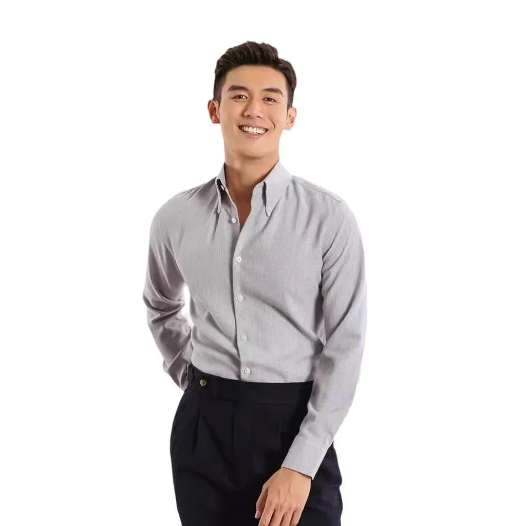 Non-ironing men's long-sleeved casual plaid business shirt in khaki, viscose blend, cardigan style