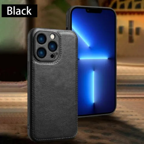 Business patch leather phone case side patch design for iPhone in black, blue, brown, red colours