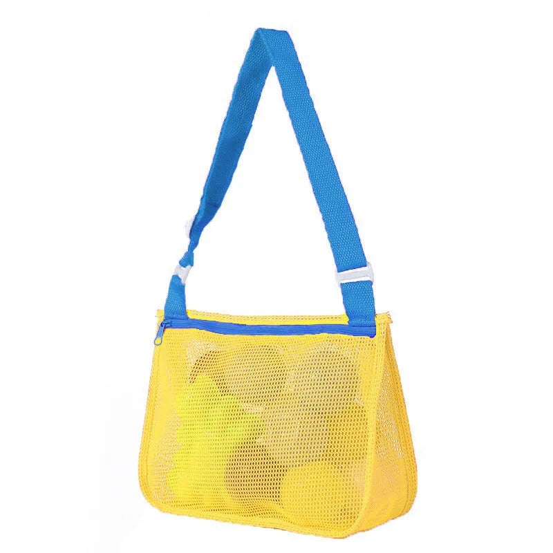 Blue nylon mesh travel storage bag with zip closure for children's toys and clothes
