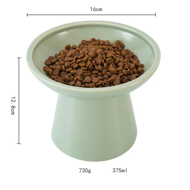 Elevated ceramic cat bowl in blue with wide shallow dish on weighted base