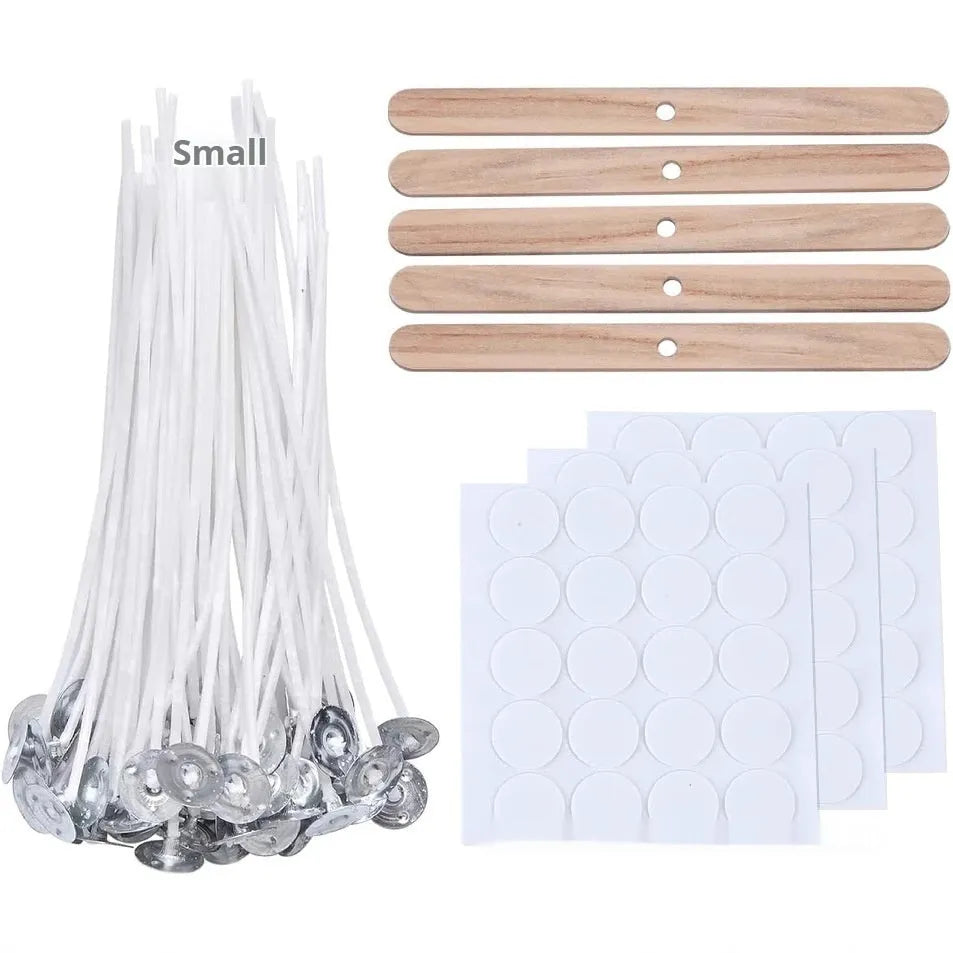 White cotton candle wicks showing tightly woven construction in three lengths: 2.6cm, 6cm, and 8cm