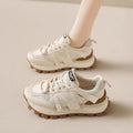 Women's low top round toe platform sneaker in beige with front lace-up closure and non-slip sole