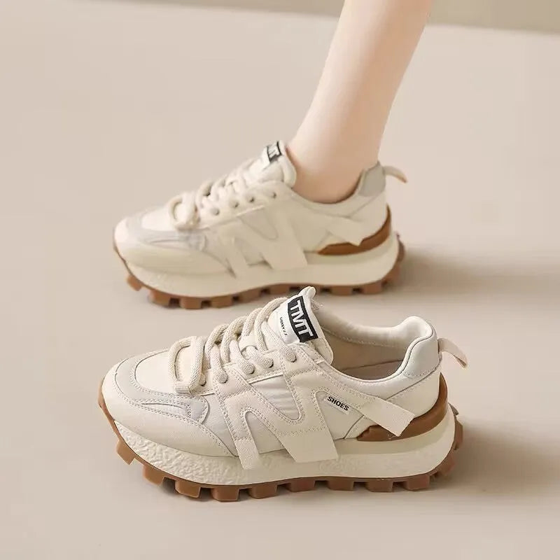 Women's low top round toe platform sneaker in beige with front lace-up closure and non-slip sole