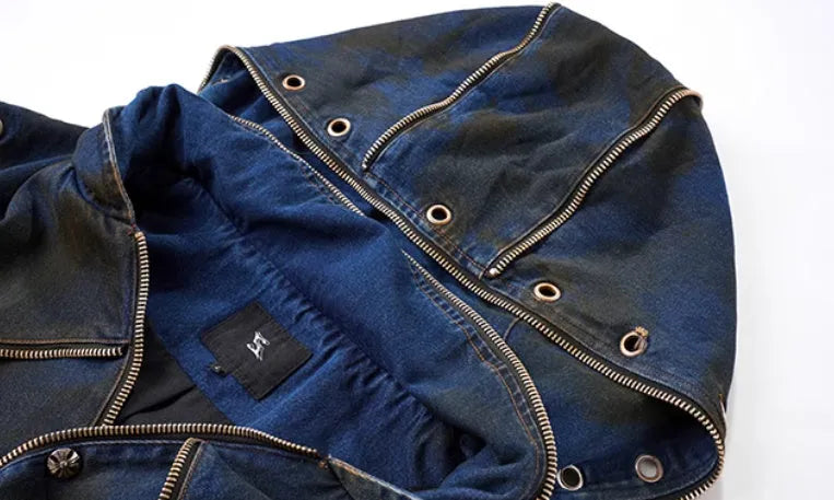 Blue hooded denim vest coat and trousers set with Korean style heavy industry deconstruction