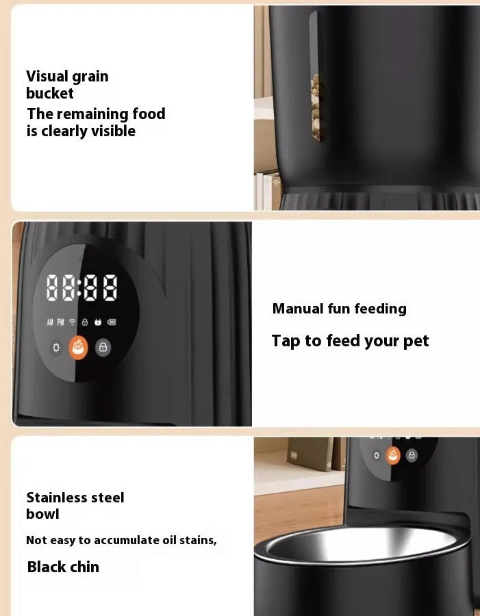 Black automatic pet feeder with digital display and food hopper on a wooden floor.