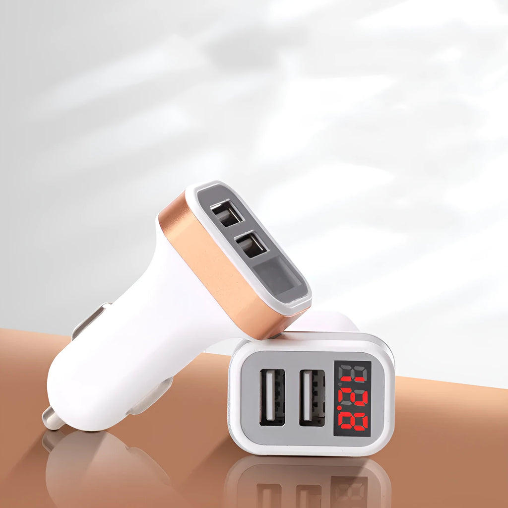 Mini digital display car charger with dual USB ports in gold or silver finish