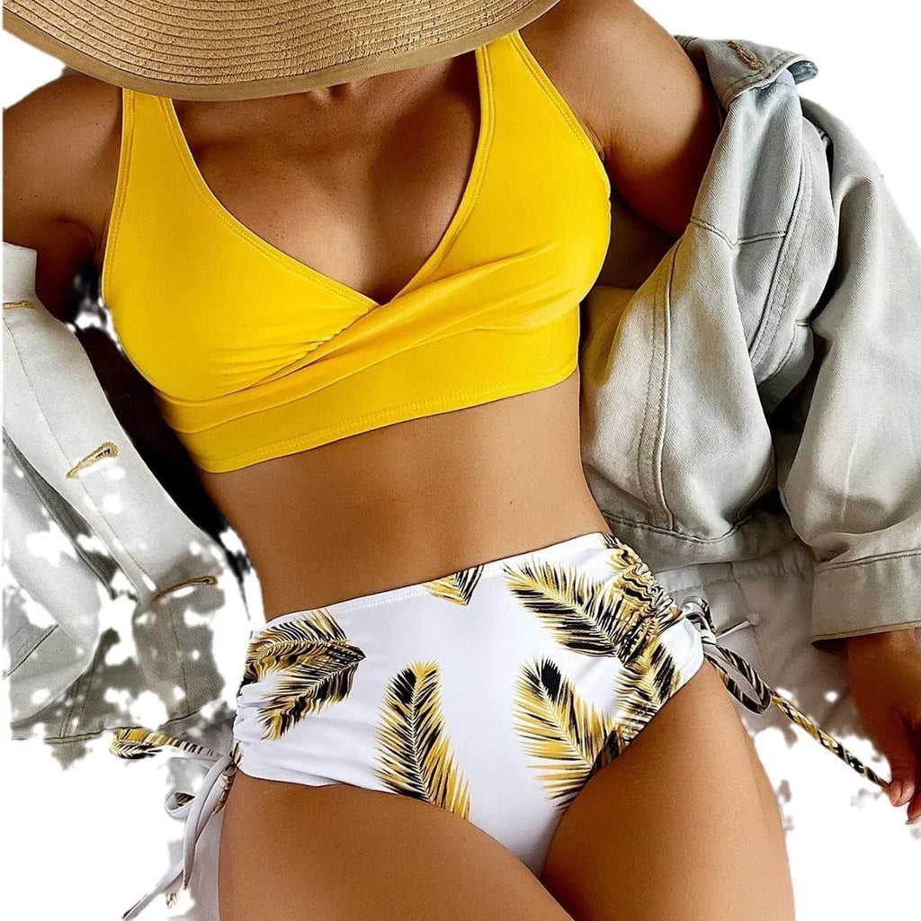 Women's high waist drawstring bikini swimsuit in nylon fabric for swimming