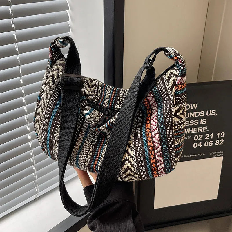 Ethnic style canvas crossbody dumpling bag with sewing thread detailing in five colour options