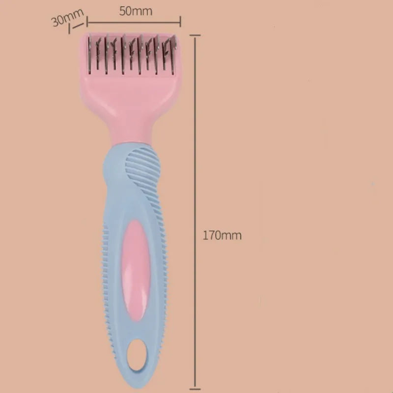 Pink stainless steel dog comb with knot knife edge and massage brush for pet grooming
