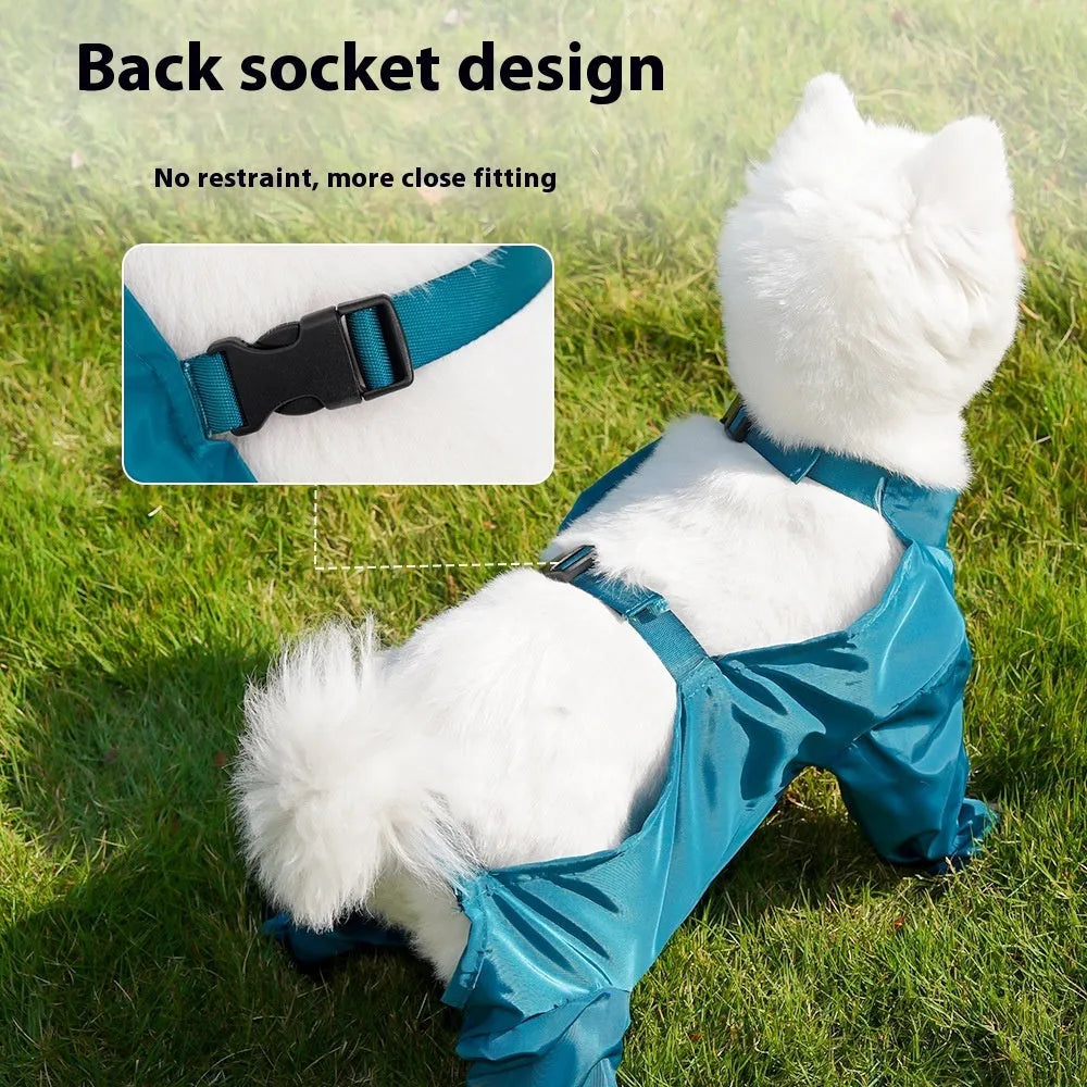 Peacock blue pet diaper bag belly jumpsuit made from waterproof memory cloth with foot-wrapped design on a small dog