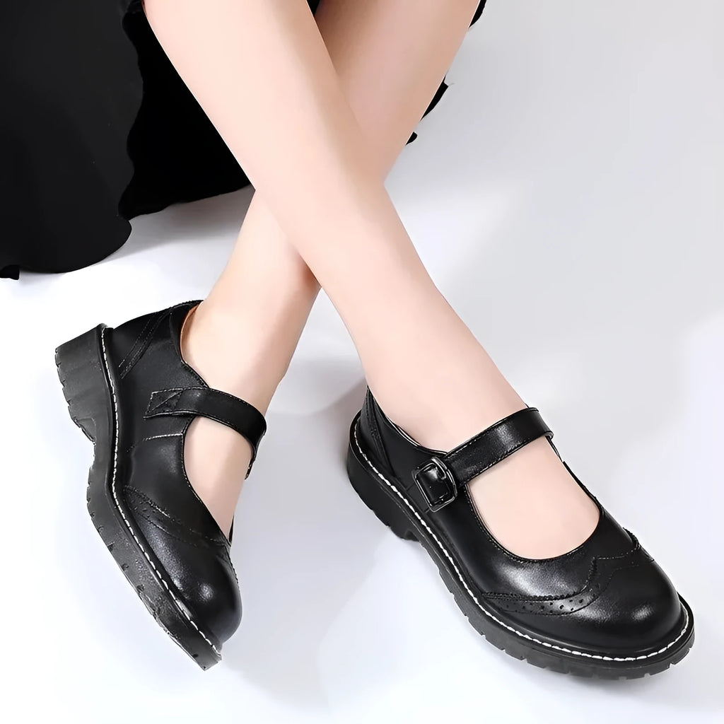 Shallow mouth thick bottom buckle pumps in black, PU upper, sizes 36-43