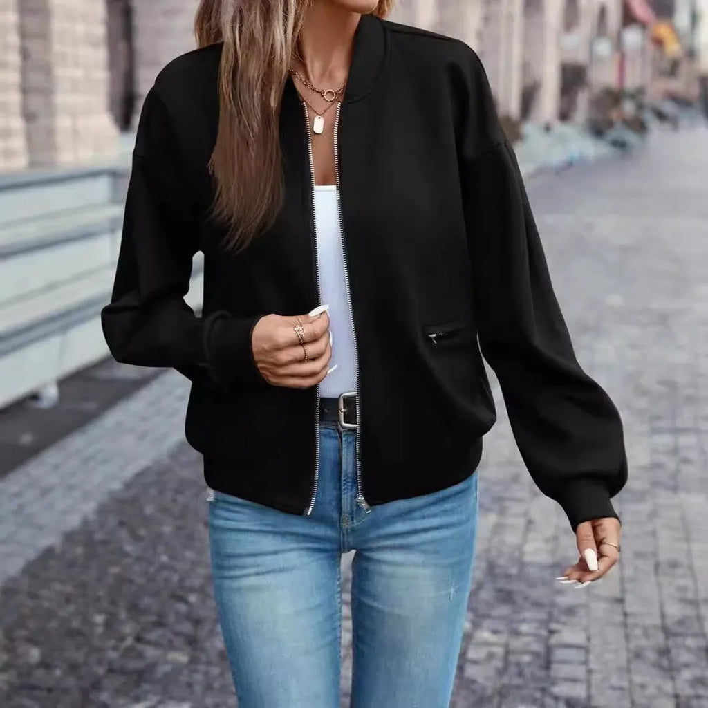 Black women's casual zip jacket with long sleeves in Japanese Korean style