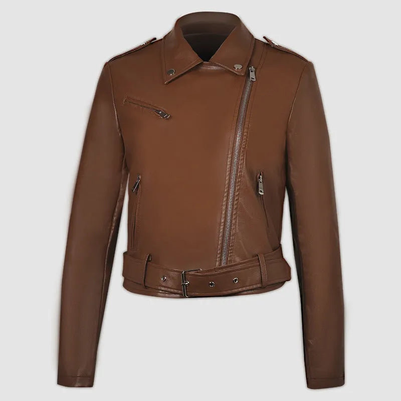 Women's short black PU leather biker jacket with an adjustable waist belt, shown on a model.