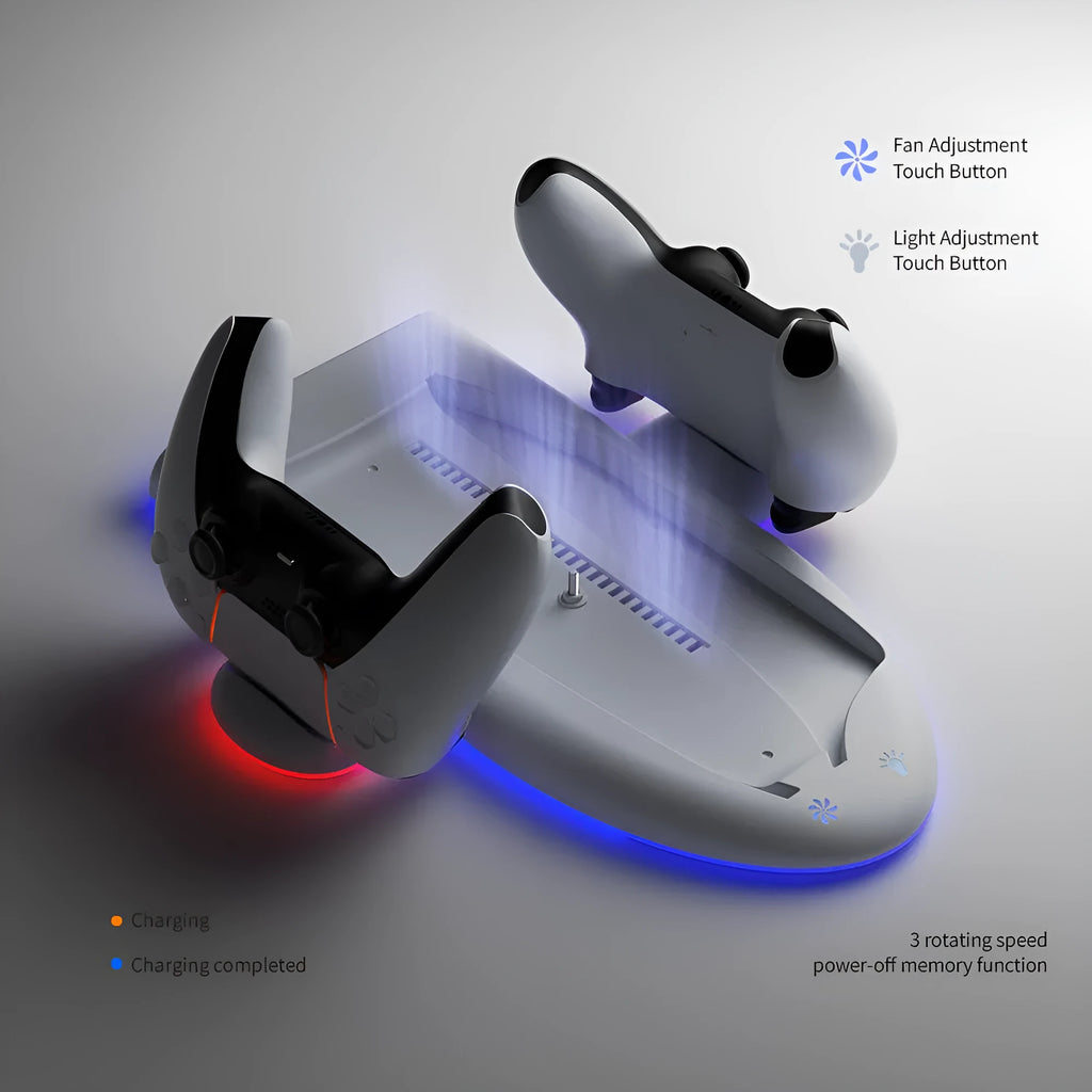 White PS5 Slim cooling pad with RGB ambient light ring and USB charging cable bracket.
