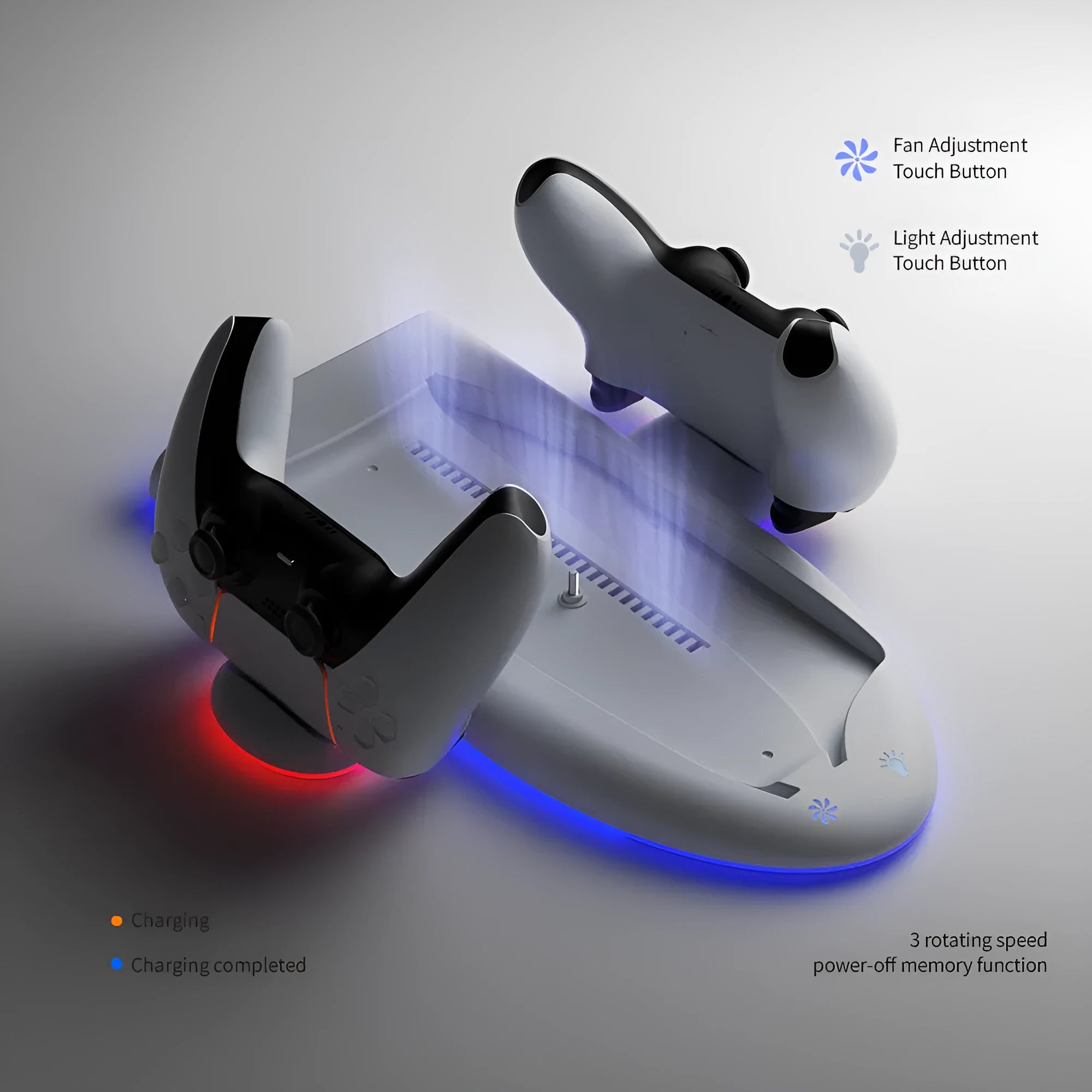 White PS5 Slim cooling pad with RGB ambient light ring and USB charging cable bracket.