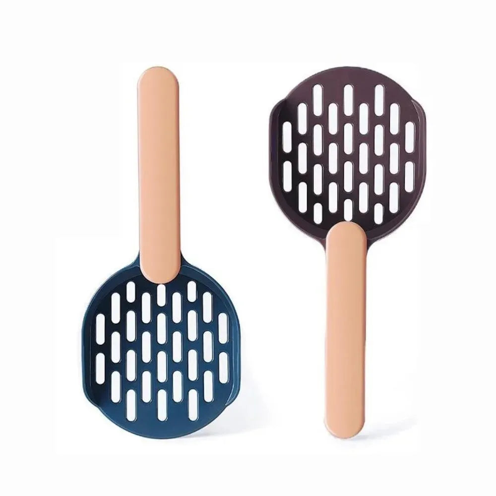 Blue plastic cat litter shovel for cleaning litter boxes, showing dimensions and scoop design.