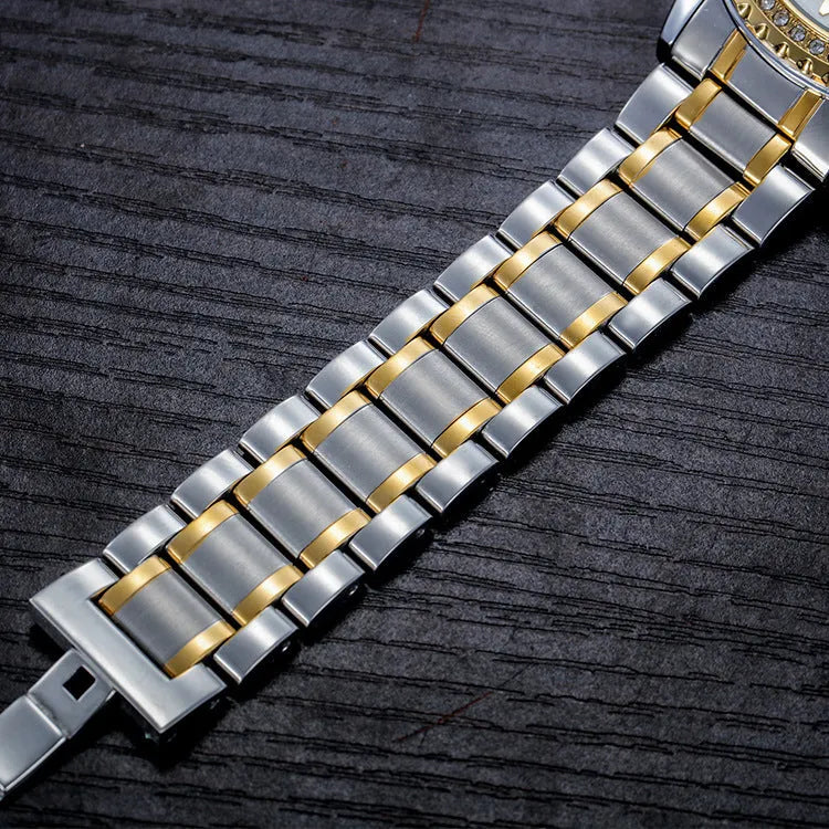Men's gold automatic mechanical watch with luminous hands on a black dial, showing a 13mm thick waterproof case.
