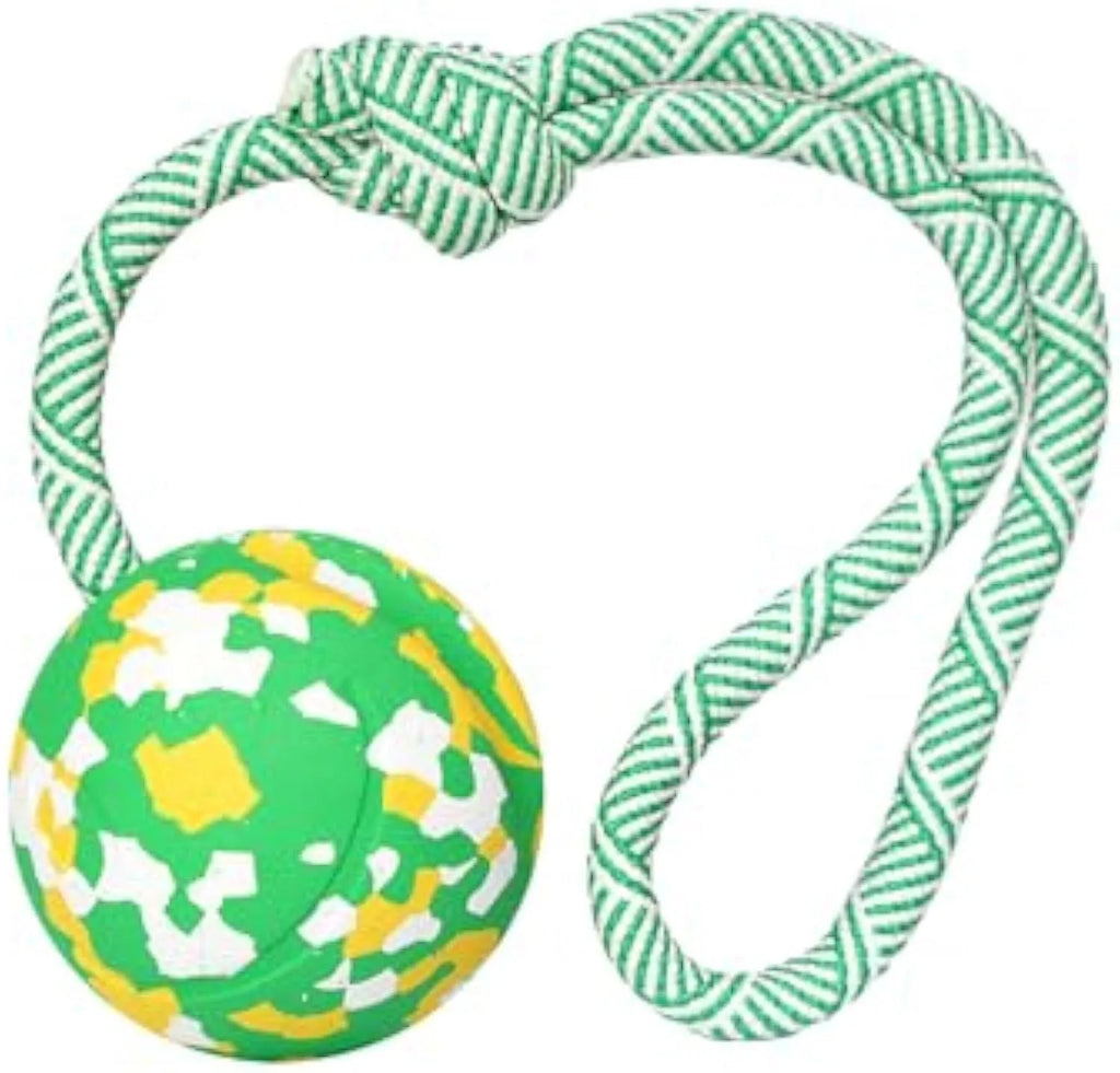 Natural rubber dog ball attached to a blue nylon rope for fetch and tug games