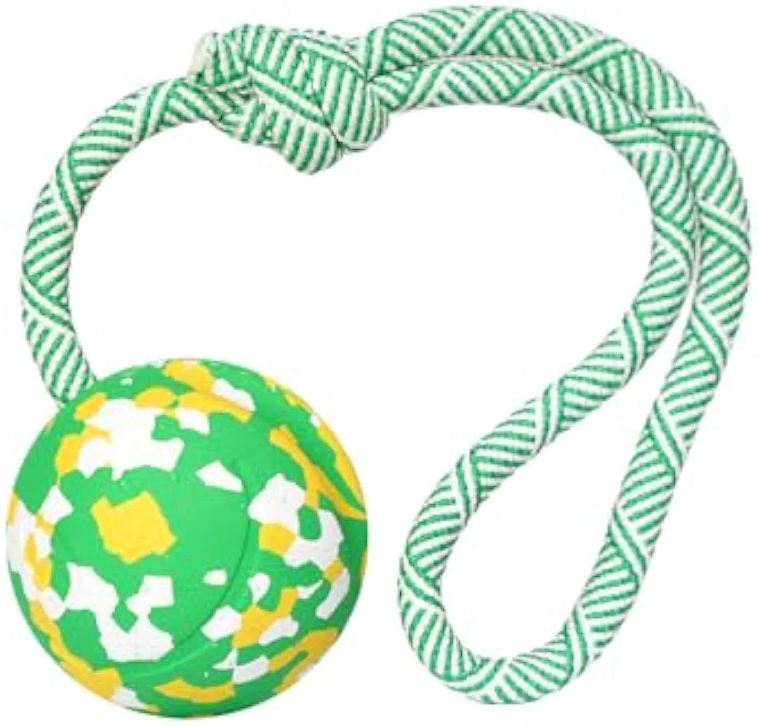 Natural rubber dog ball attached to a blue nylon rope for fetch and tug games