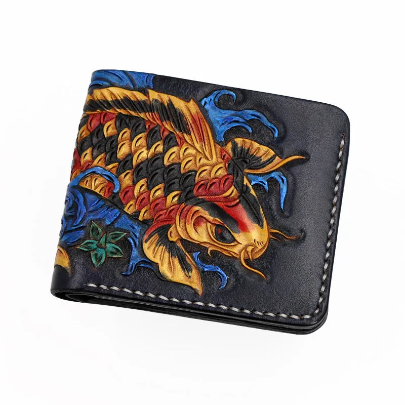 Men's hand-carved cow leather short bifold wallet in blue, showing compact size and textured finish.