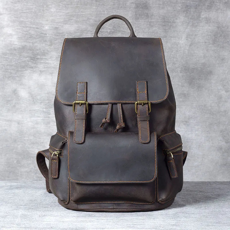 Retro crazy horse leather backpack in brown with denim lining and double shoulder straps