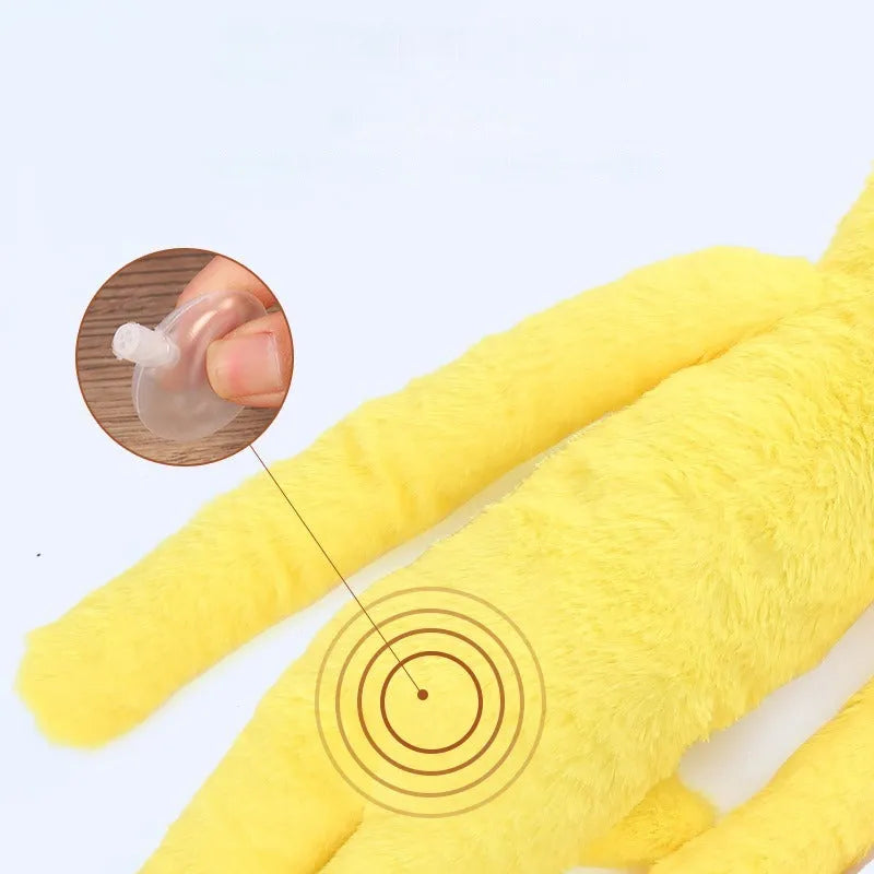 Large pink and yellow plush dog toy with interactive rattle and crinkle paper sound features