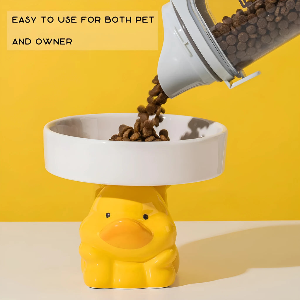Raised ceramic cat bowl in animal design, showing 4.92-inch height and wide 15cm bowl.