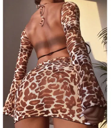 Leopard print women's bikini set with top, skirt and panties for swimming