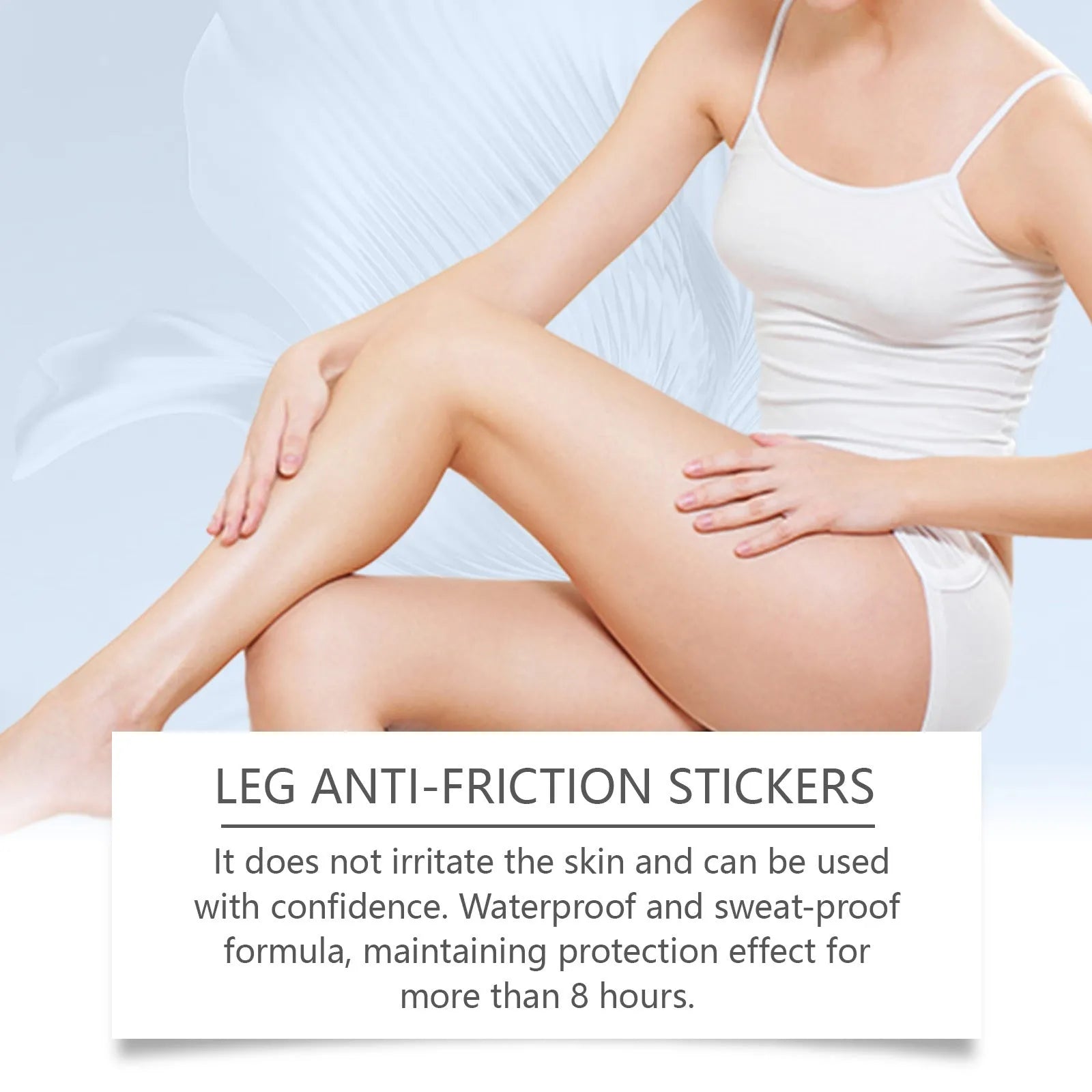Pack of ten clear leg anti-wear patches on skin, showing gel-like texture for friction protection.