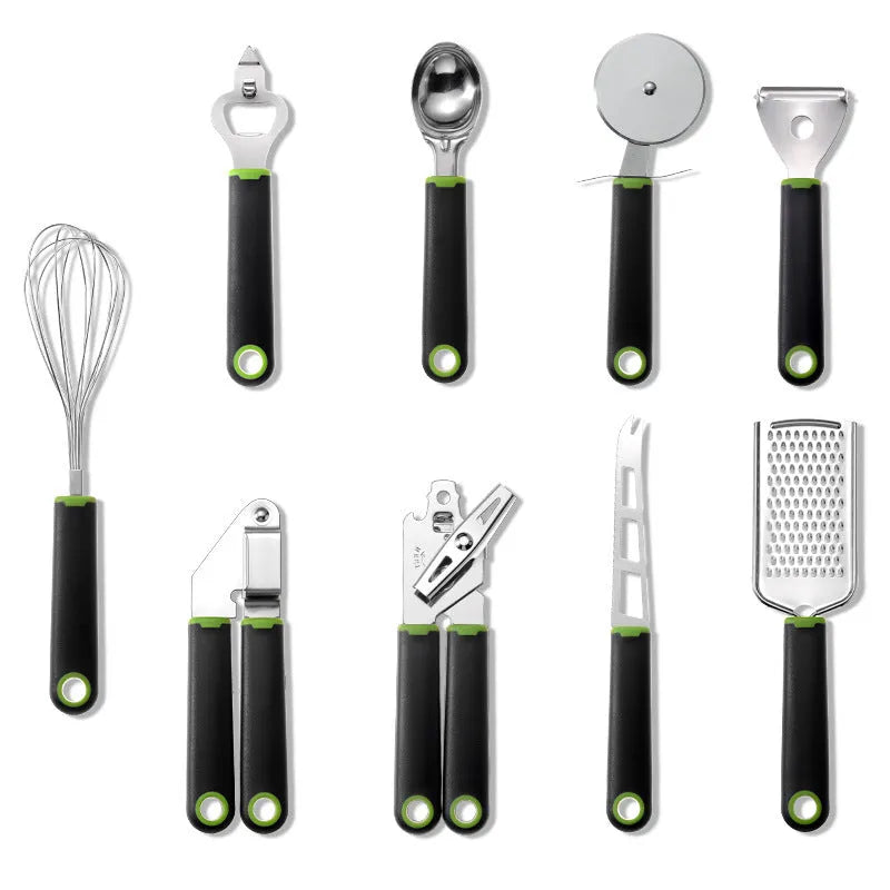 Kitchen utensil set with stainless steel heads and plastic handles including grater, whisk, and can opener