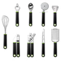Kitchen utensil set with stainless steel heads and plastic handles including grater, whisk, and can opener