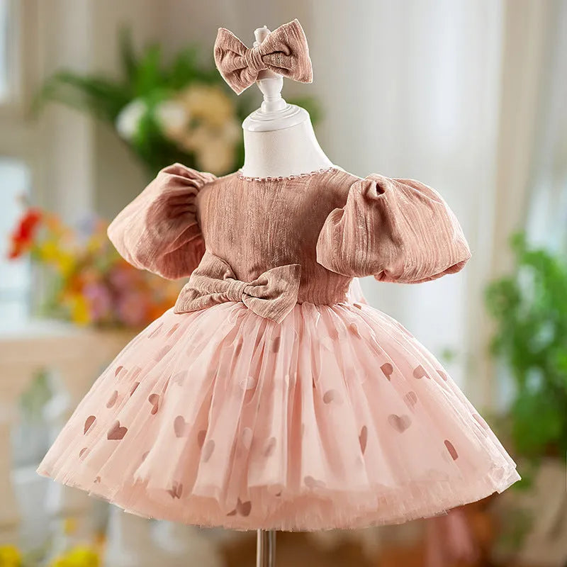 Girls' bean pink puff sleeve puffy gauze princess dress with headband on display