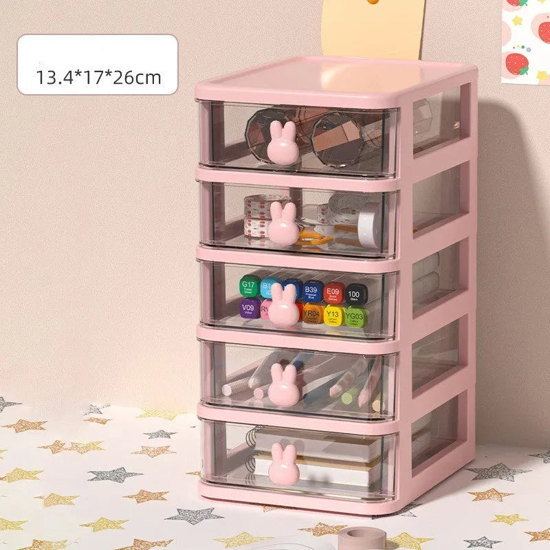 Pink rabbit cartoon desktop storage box with 4L capacity PP plastic drawer-type organizer for children's hair clips