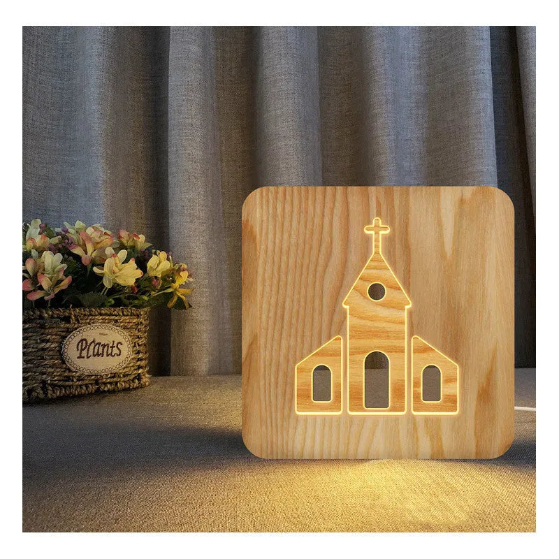 Solid wood hollow night lamp with warm white LED illumination and square wooden frame