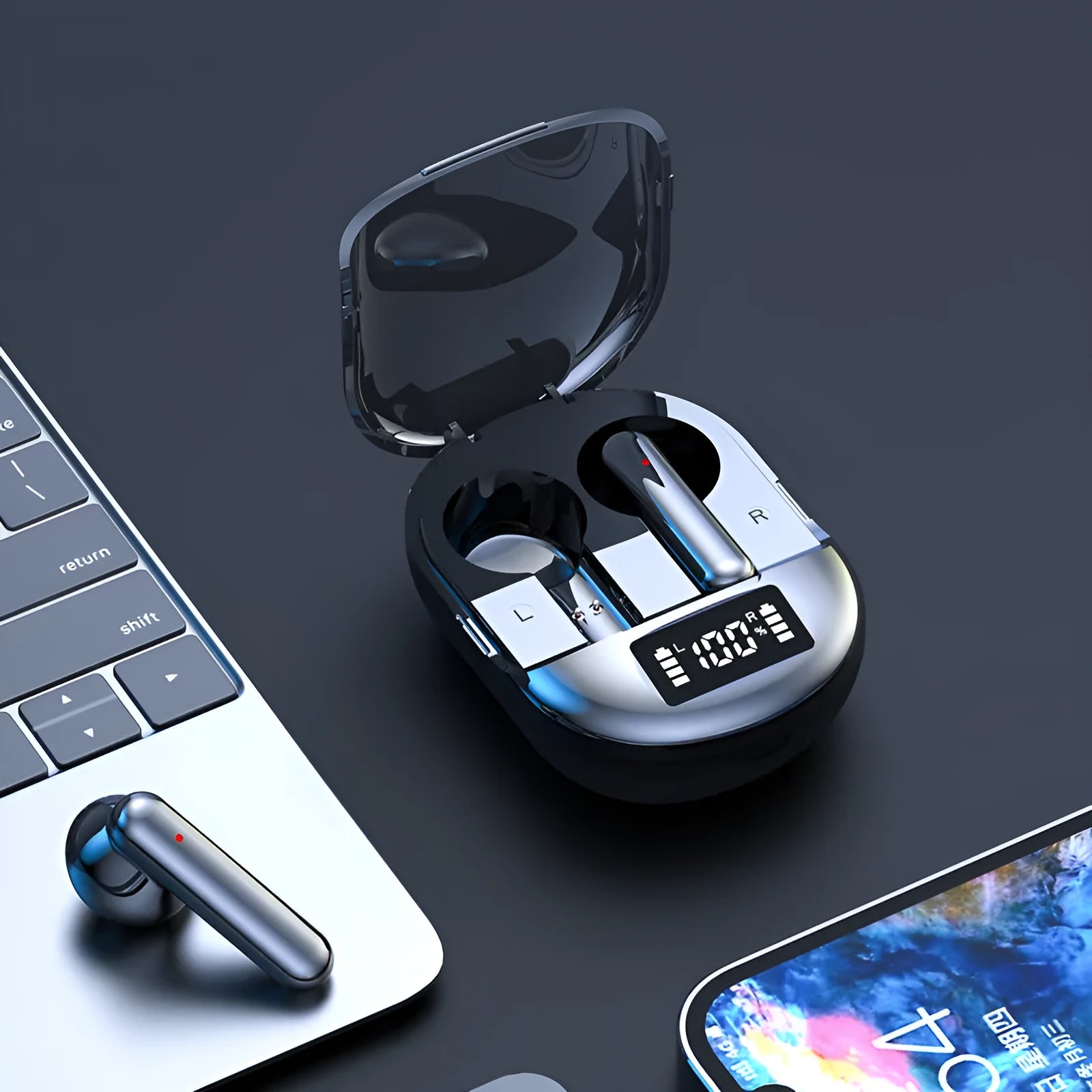 Black and white wireless Bluetooth in-ear headphones with a charging bin showing digital display.