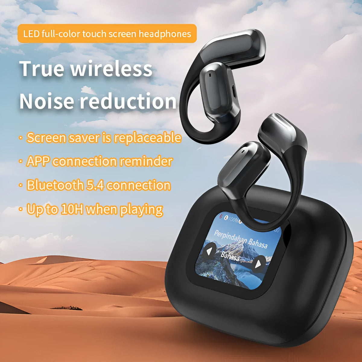 A16 wireless Bluetooth translation headphones with digital display, ear-mounted PC ABS design, Black or Skin Colour