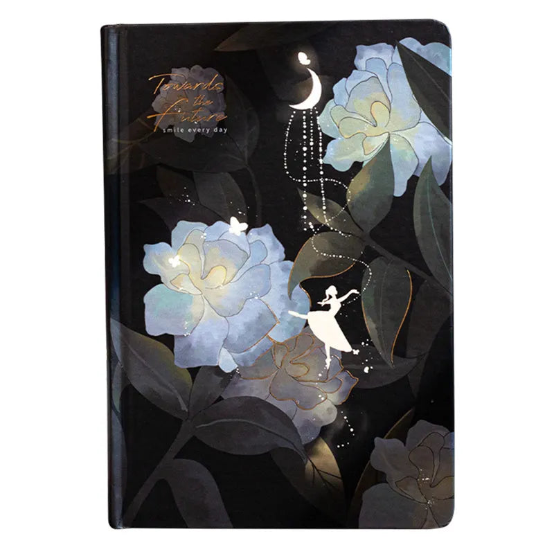 A5 spiral-bound notebook with a luminous coloured cover, open to show lined pages with colour illustrations.