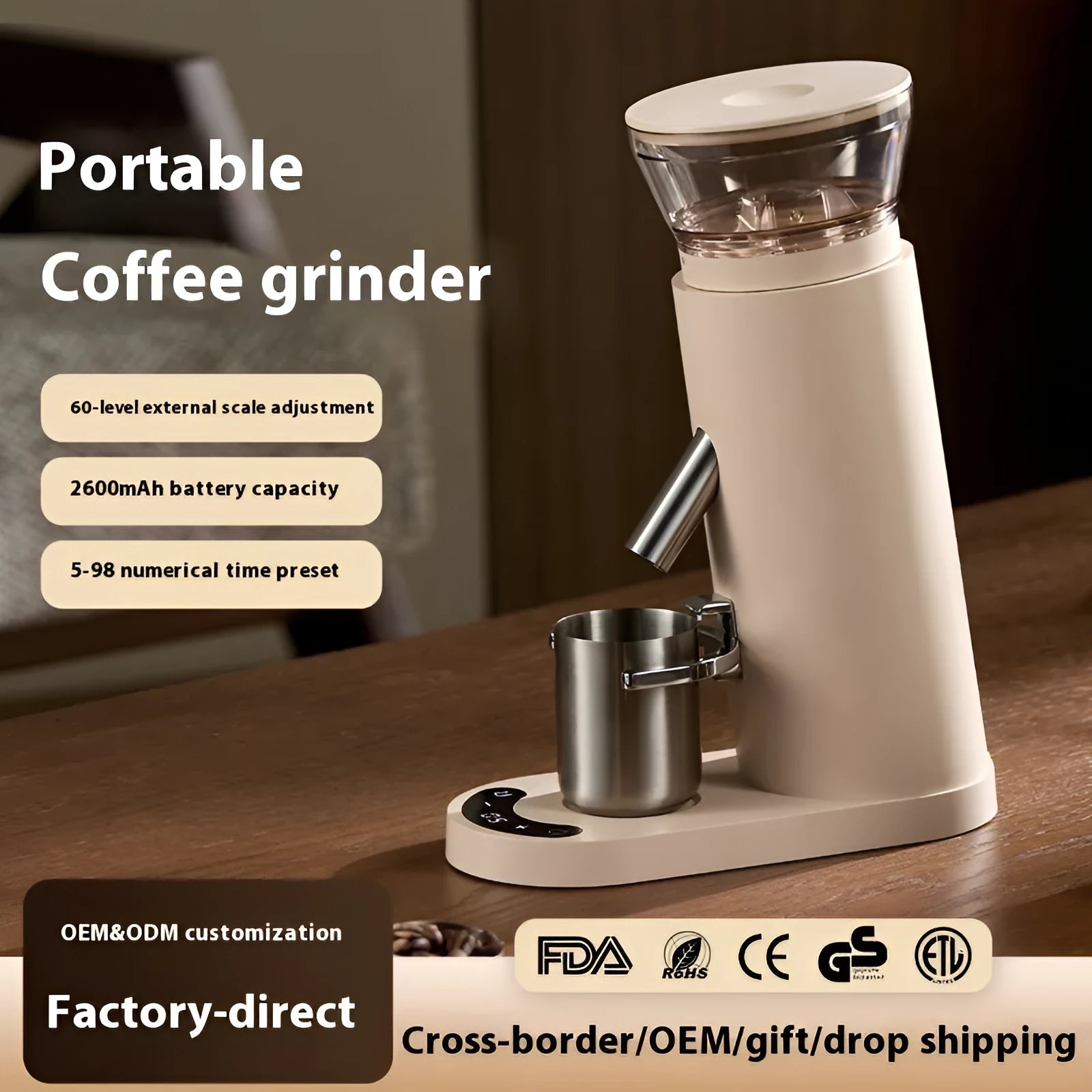 Electric coffee grinder with stainless steel reservoir and temperature control display