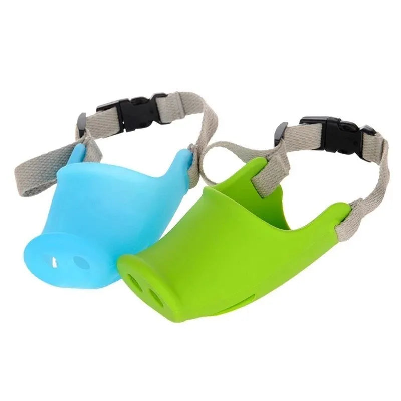 Green silicone anti-bite mouth cover for dog with long snout, showing size comparison