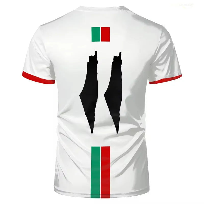 Black 3D printed football graphic on a white stretch spandex T-shirt with short sleeves.