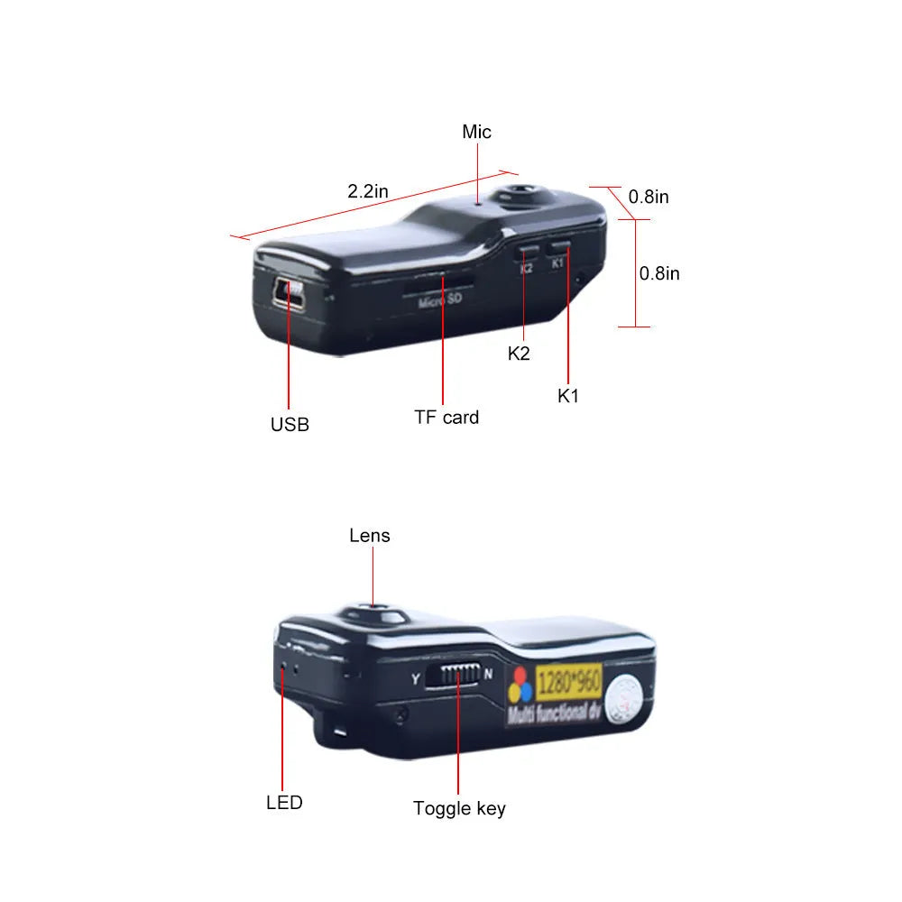 MD80 digital camera in black finish, compact wearable body for 480P video recording