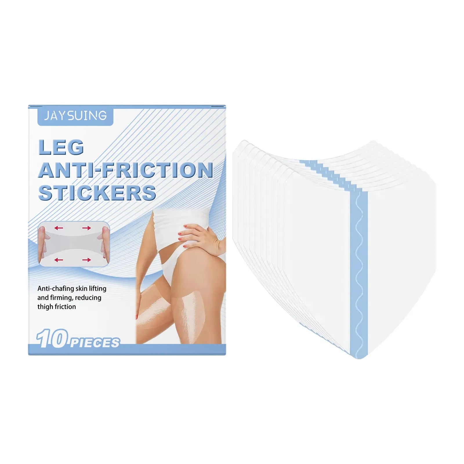 Pack of ten clear leg anti-wear patches on skin, showing gel-like texture for friction protection.