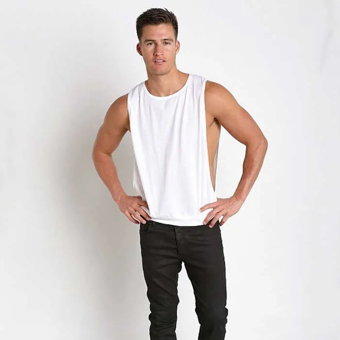 Men's sleeveless loose fit sports vest with large slit in black, front view
