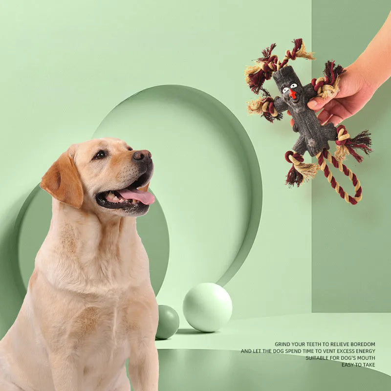 Large dog tooth grinding toy with rubber rope, TPR knot, log shape, and rope ball